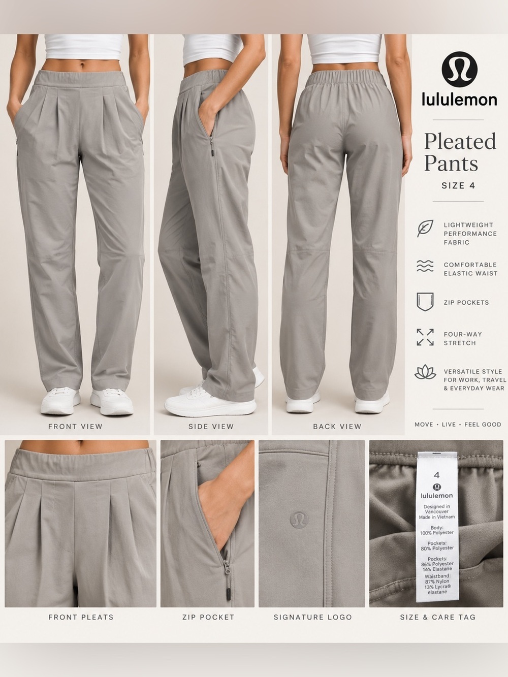 Lululemon Light Khaki grey Pleated Pants — Size 4